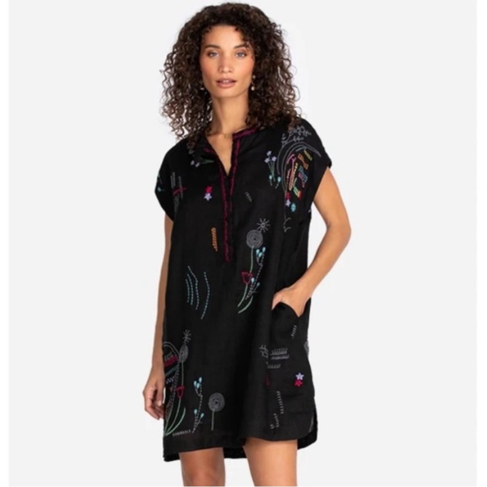 Johnny Was 🖤🩷 Black embroidered multi color Linen Tunic Dress NWT